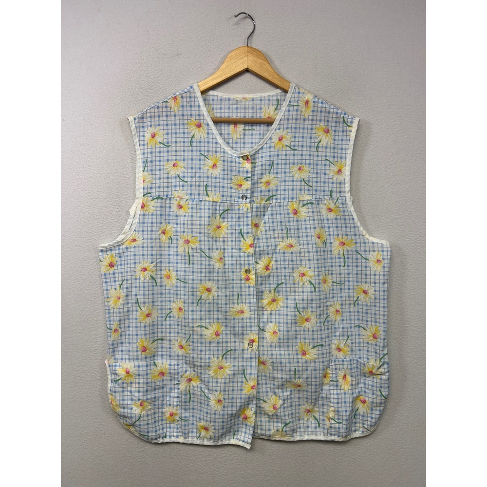 Cottagecore Vintage Women XL Blue Gingham Daisy Floral Snap Front Smock Vest
